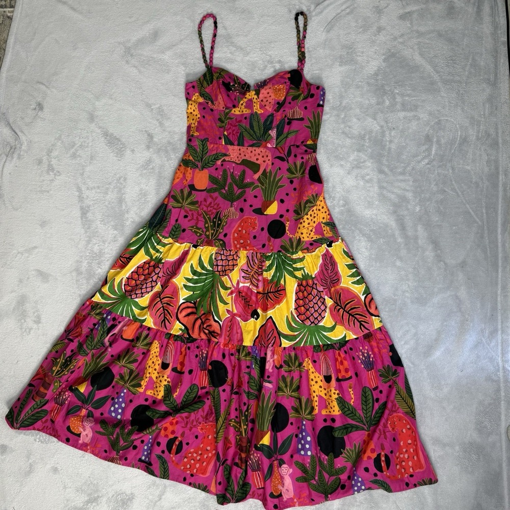 FARM RIO Pink Pop Leopards Mixed Tropical Midi Dress Tiered Cotton Medium M